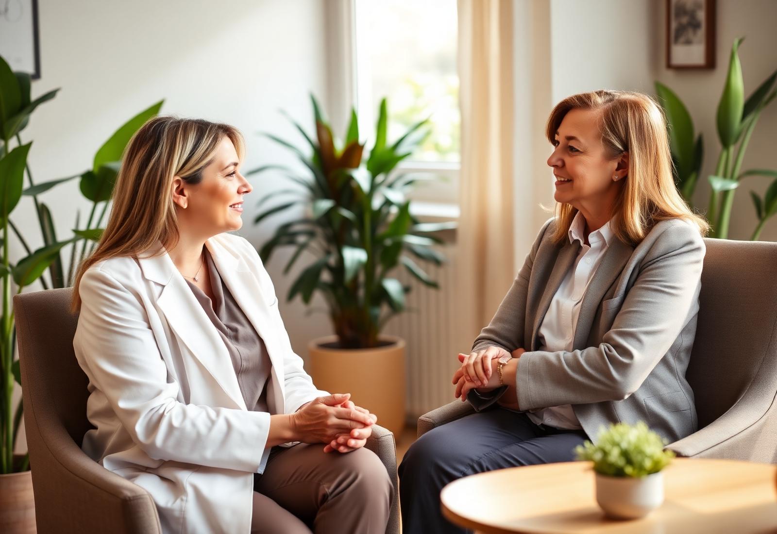 Compassionate clinician in conversation with a patient in a sunlit office