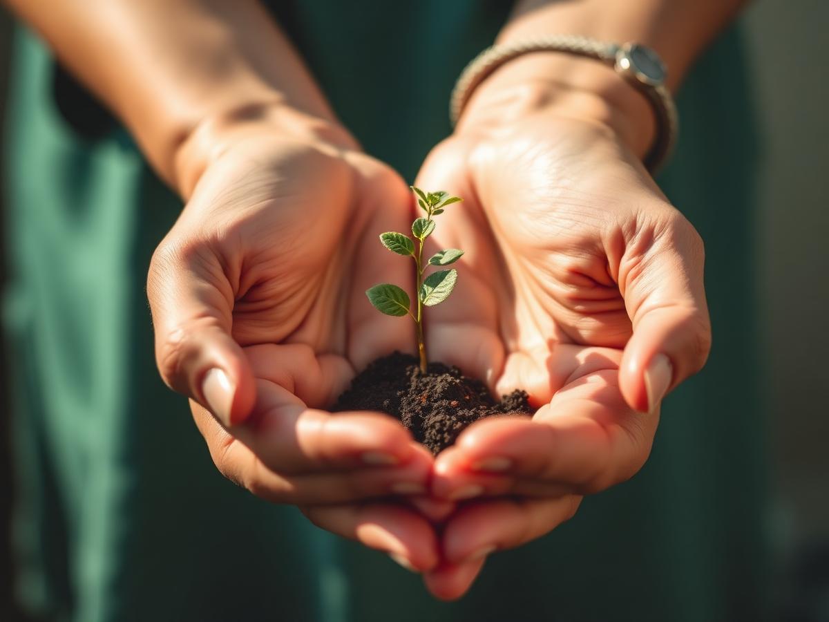 Hands holding a sprouting plant