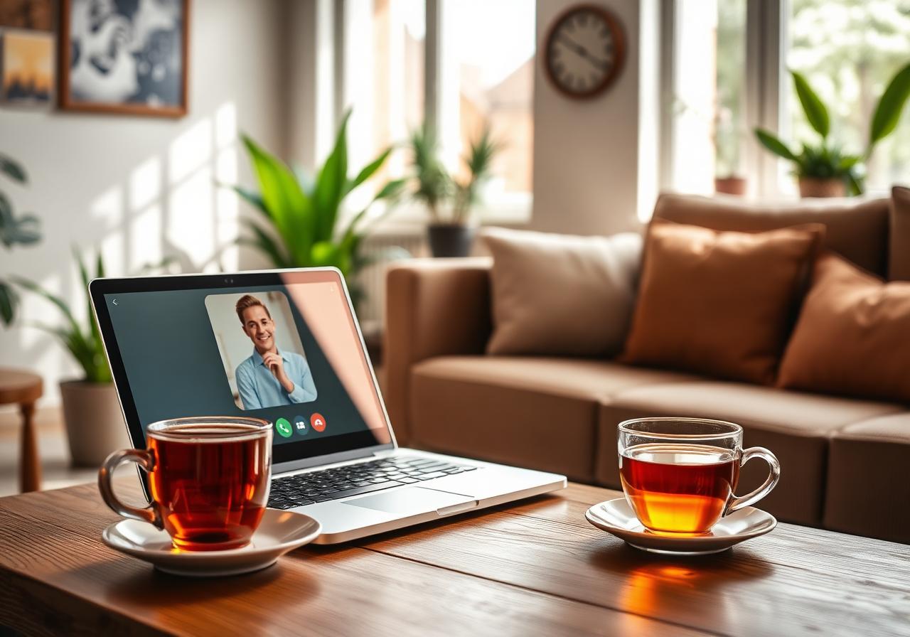 Cozy living room with a laptop on a video call